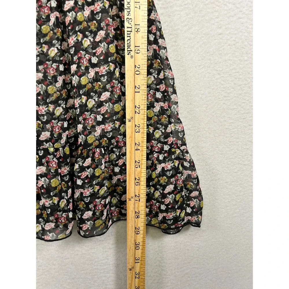 Cottagecore Lily White Womens Medium Black Floral Ruffle Chiffon‎ Mini Dress